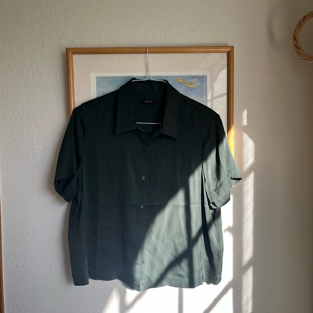 Quince Washable Stretch Silk Short Sleeve Blouse L NWOT